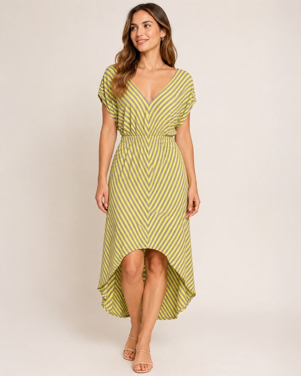 One World Yellow Gray Stripe V-Neck High Low Maxi Dress Women Small S Stretch